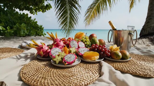 Exotic Fruit Picnic on a Tropical Beach Paradise.