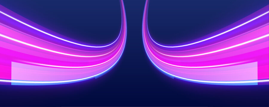 Neon light trails rush through a dark futuristic city. Glowing lines bend and overlap, creating motion and speed. The scene feels electric, modern, and cinematic.
