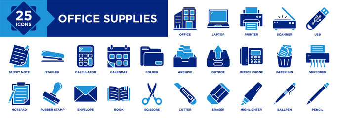 Office Supplies icon collection set. Containing Laptop, Printer, Scanner, USB, Outbox, Shredder, Paper Bin, Office, Archive, Folder icon