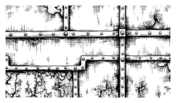 Industrial steampunk metal plate texture with rivets and weathered rusty surface sketch