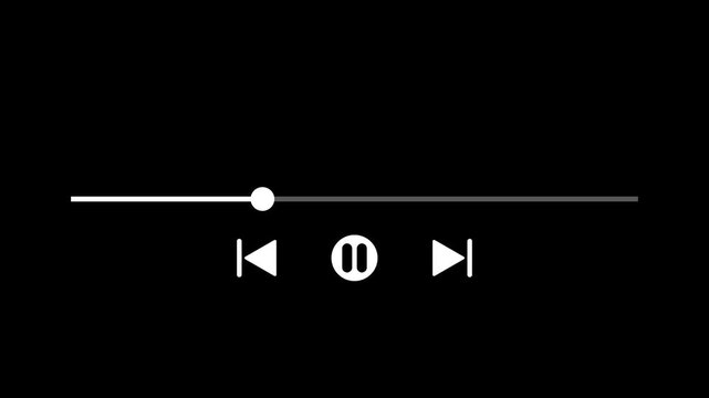 white music play bar or music loading bar animation. play pause icon. social media timeline bar on black screen, music scroll bar animation.interface timeline player loading line