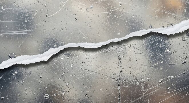 Torn paper edge on a metallic surface with scratches and reflective sheen, viewed from directly above
