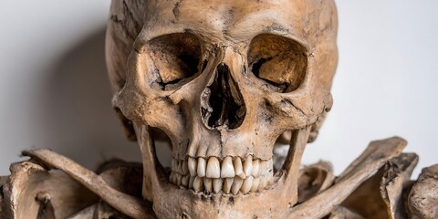 Human skeleton anatomy model on green background front facing position clinical and academic mood neutral tones professional medical stock photography, Realistic Photo