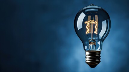 Clear Glass Light Bulb with Filament on Dark Blue Background