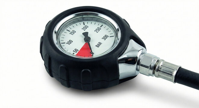 Analog scuba diving submersible pressure gauge (SPG) with BAR markings.