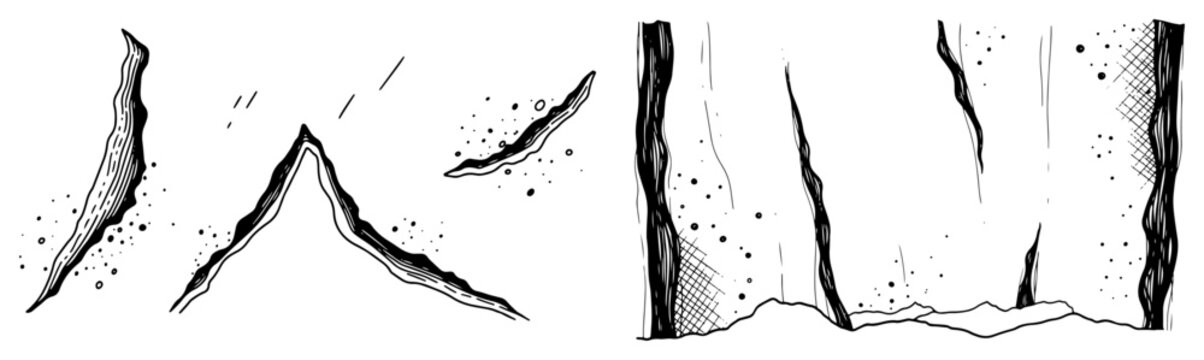 Collection of hand drawn vertical fissures and mountain rock cracks with ink shading