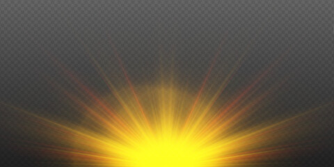 Obraz premium Bright sun flare illuminates the scene with warm yellow rays and starburst highlights. Ideal for summer, dawn, and glowing overlay designs.