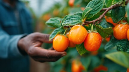 Hand picking ripe persimmons
