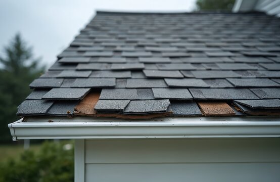 Damaged asphalt shingles lift off roof edge. Missing shingles expose underlayment layers. Home exterior needs repair. Weather beaten structure shows wear and tear.