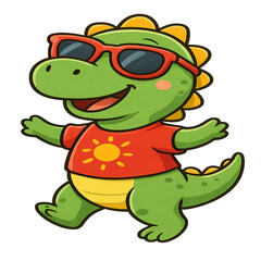 Obraz premium Cute Cartoon Dinosaur Wearing Sunglasses Summer ” – dinosaur cartoon, sunglasses tee, summer vibe, fun kids shirt, playful fashion”