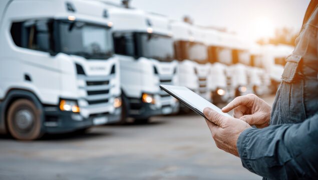 Person using digital tablet managing logistics operations with truck fleet, tracking cargo and planning delivery routes