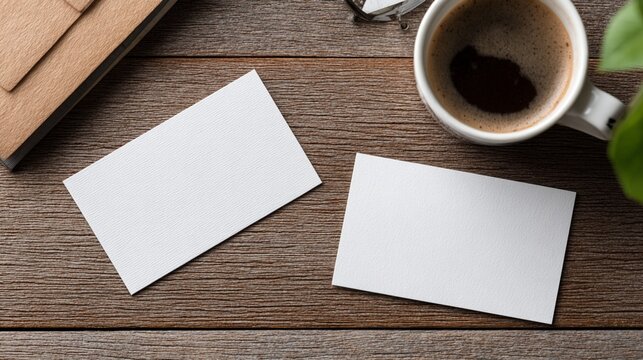 Minimalist workspace scene with blank white cards, coffee mug, and wooden background showcasing a clean, organized desktop with potential for mockup design