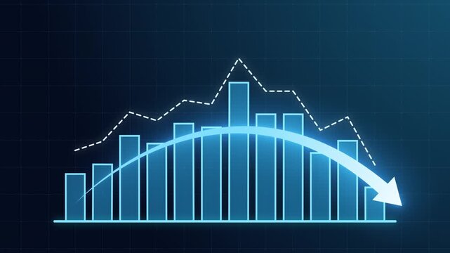 Blue business bar chart with declining curved arrow and dotted downward trend line. Illustrating revenue decrease, market downturn, financial loss, risk analysis, and negative performance 
