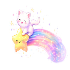 Cute cat riding a shooting star with trailing sparkles and blissful grin