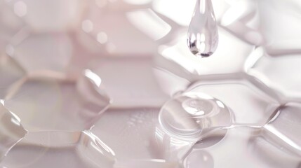 Close Up of Clear Droplet Falling Onto Glossy Abstract Surface with Reflective Highlights