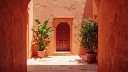 Light Fills a Quiet Courtyard With Arches and Plants in an Old Building From North Africa