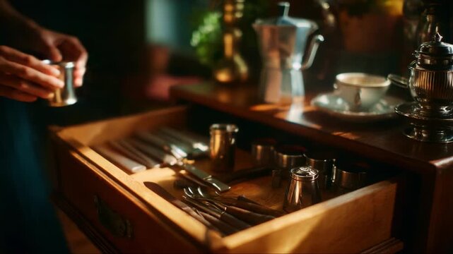 A Person Organizing Kitchen Cutlery and Utensils in a Wooden Drawer with Coffee Equipment Nearby, Creating a Cozy Culinary Environment for Cooking