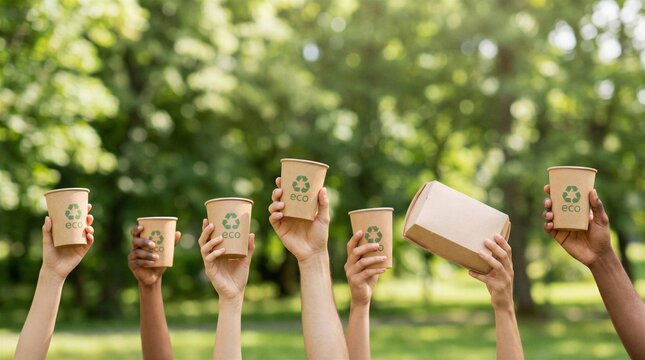 Hands holding eco paper cups and cardboard packaging to promote sustainable recycling in nature.