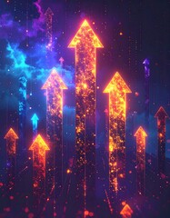 Glowing arrows point upward against a dreamy blue and purple, cosmic background, with particle effects