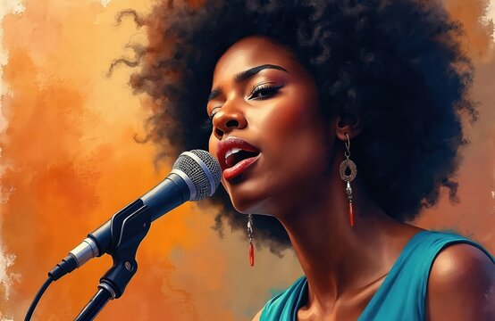 Black woman sings with passion into microphone. Art illustration shows jazz vocalist with afro hair and bright makeup. Singer performs on stage in vibrant colours.