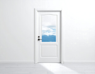 White door in white wall reveals a mountain and cloudy sky, illusion of freedom