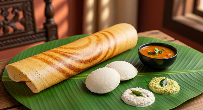 Delicious South Indian Breakfast: Crispy Dosa, Soft Idli, Sambar, and Chutneys served on a banana leaf, a traditional and flavorful meal.