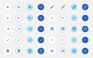 Modern circular action button icon set. Mobile interface design. Add edit delete navigation controls. Apps dashboards websites and software products user experience. Ui ux elements components toolkit