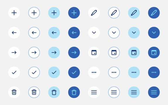 Modern circular action button icon set. Mobile interface design. Add edit delete navigation controls. Apps dashboards websites and software products user experience. Ui ux elements components toolkit