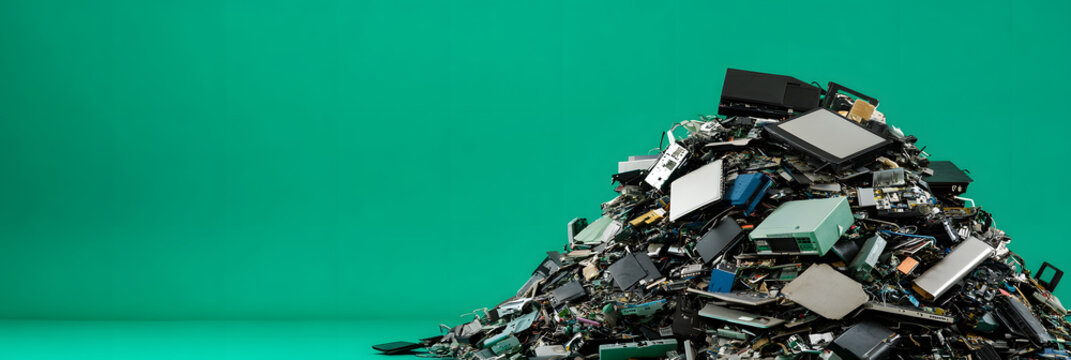 Pile of discarded electronic waste ready for recycling - highlighting the importance of proper e-waste management and recycling wide banner - green background
