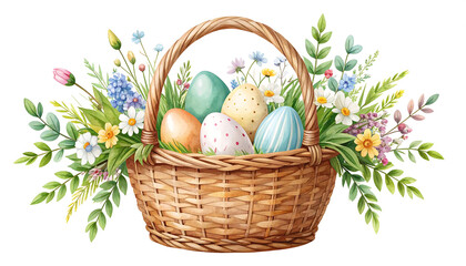 Wicker basket filled with painted eggs & flowers, watercolor style