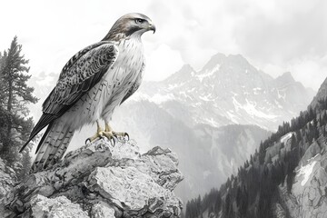 Hawk bird illustration realistic feathers sharp beak mountain scene picture