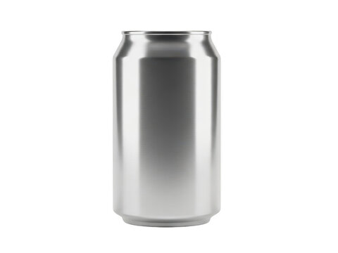 A shiny, empty aluminum can standing upright against a white background isolated on transparent background