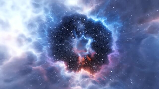 Dynamic cosmic energy vortex opening in a vibrant nebulae cloud, creating an abstract and mysterious gateway through deep space, hinting at quantum travel and parallel dimensions