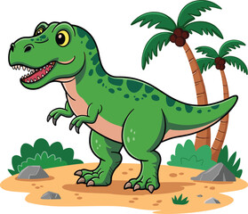 Naklejka premium Cute cartoon Tyrannosaurus Rex dinosaur standing in prehistoric tropical jungle with palm trees for children education and adventure design concepts,