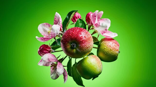 Animation surrealism, a flower turns into a juicy apple on a bright green background