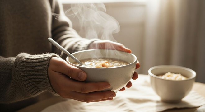 Cozy morning scene: hands holding a steaming bowl of oatmeal with a spoon, soft natural light, comfort food, warm beverage, healthy breakfast, hygge concept, winter, autumn