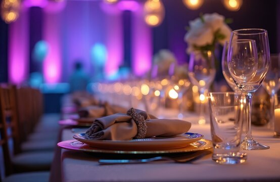Formal dinner table setup with elegant place settings. Napkins are folded with sparkling rings. Glasses and plates are arranged for a banquet or celebration. Dim purple lights glow.