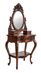 Ornate dark wood vanity table with oval mirror and detailed carvings