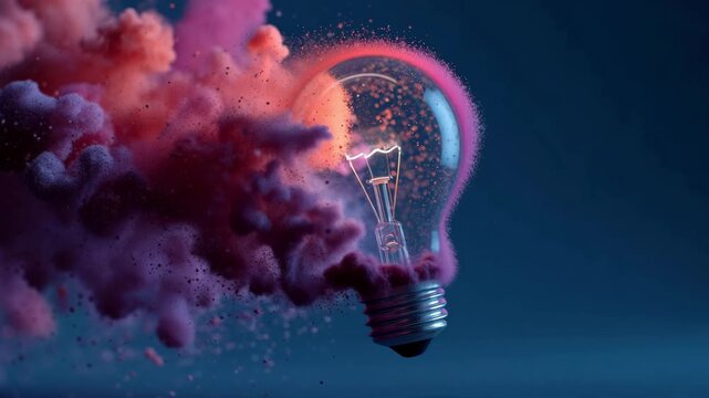Exploding color and light bulb on black background