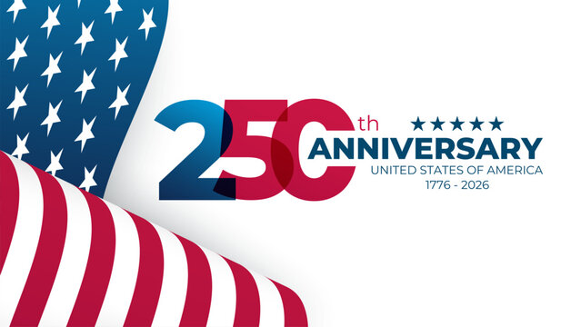 USA Independence Day 250th anniversary festive banner with waving national flag of the United States. White background. Vector illustration.