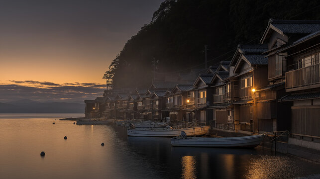 AI generator images of Funaya (Houseboat): Unique waterfront structures where the lower level is used to store boats and the upper level is used as living quarters.
Fishing Village: 