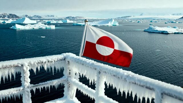 Flapping red-and-white flag revealing round motif at ship rail with rime ice, gusts moving fabric