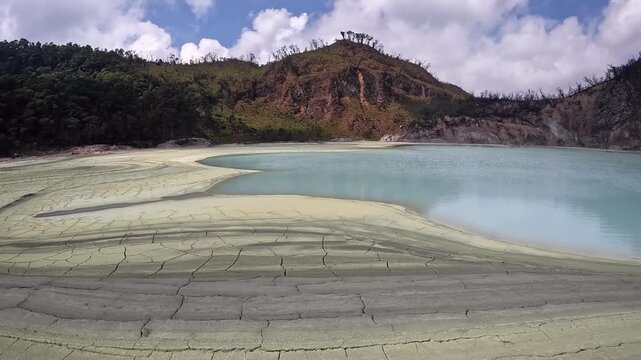 Low Angle View of Kawah Putih Volcanic Crater in Ciwidey West Java Indonesia with Sulfur Mud Cracks on a Sunny Day