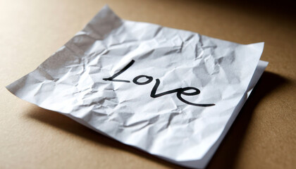 Crumpled Paper Note with the Word Love