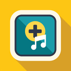 Obraz premium Music note with plus sign featuring flat design and long shadow on square media player app button