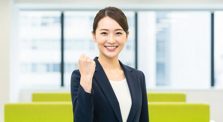 オフィスでガッツポーズをする笑顔の女性