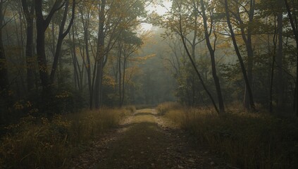 Obraz premium Path Winding Through Forest With Fog and Autumn Leaves in Morning Light