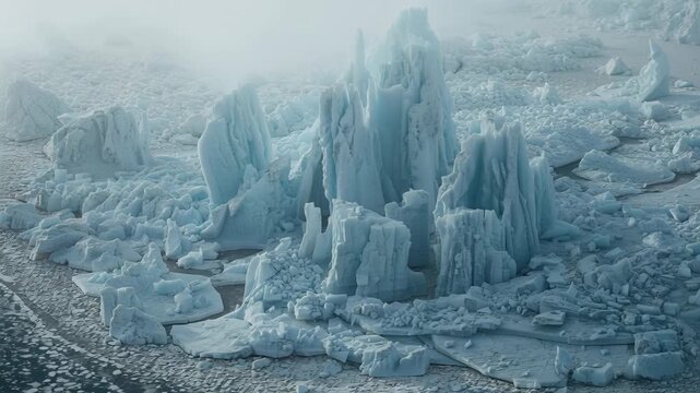 Drifting aerial camera revealing towering sea-ice pinnacles at polar coast, showing fractured floes
