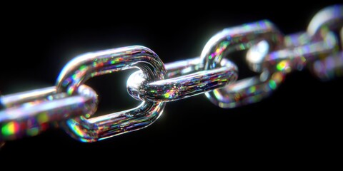 Close Up of Shiny Metal Chain Links with Rainbow Reflection on Black Background