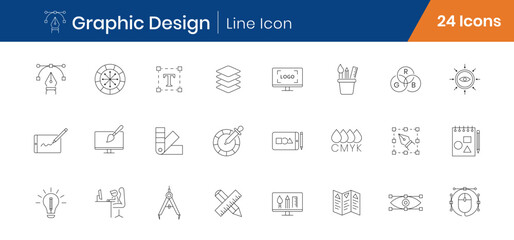 Graphic Design Icons Set of 24. Creative Tools, Stationary, Tools, Drawing Outline Icons. Editable Stroke Icons Vector